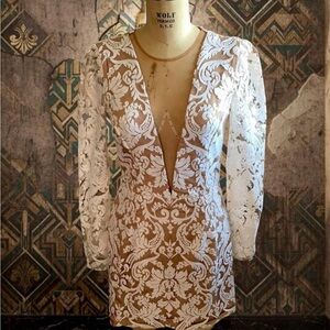 Dress the Population White Lace Appliqué on Brown Mesh Mini Dress